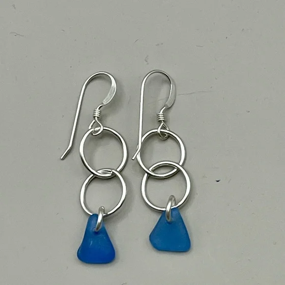 Cobalt Blue Seaglass Geometric Sterling Silver Earrings - Picture 1 of 1